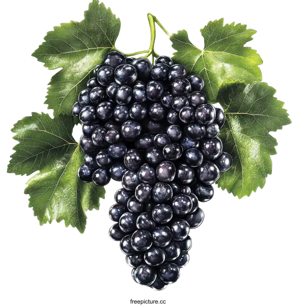 [Transparent Background PNG]Closeup of a Cluster of Dark Grapes with Leaves