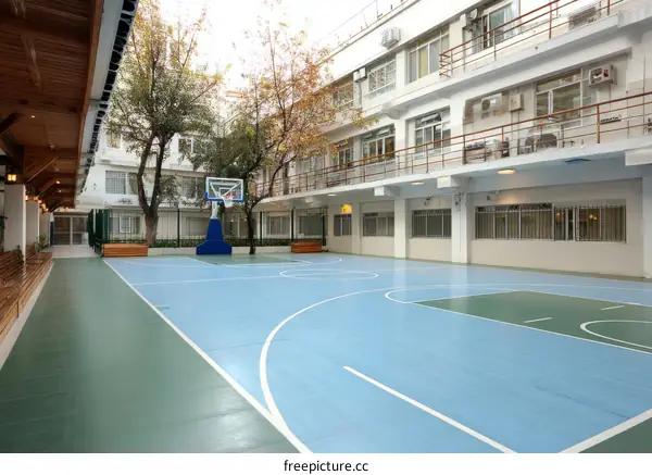 Indoor Basketball Court with Surrounding Buildings