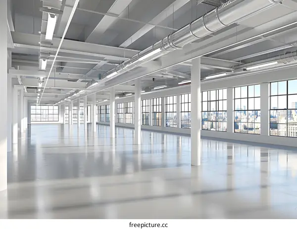 Empty Modern Office Space With Large Windows And City View