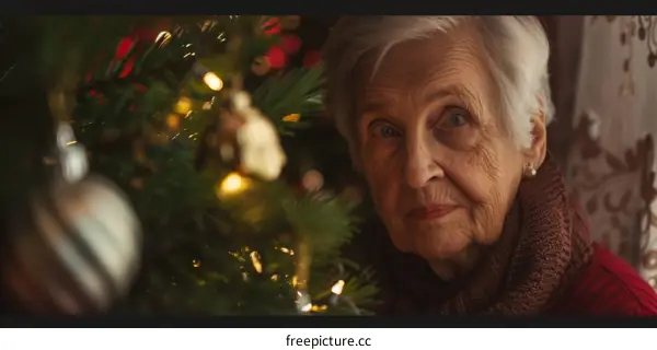 An elderly woman is sitting in front of a Christmas tree.
