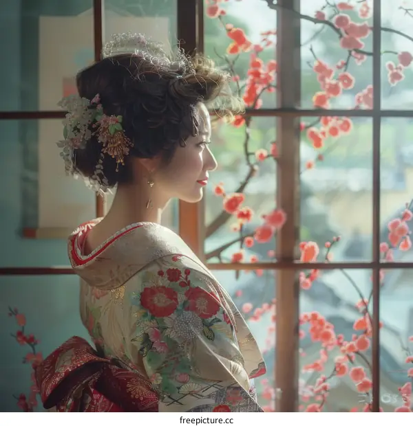 Japanese Girl in Kimono Surrounded by Cherry Blossoms
