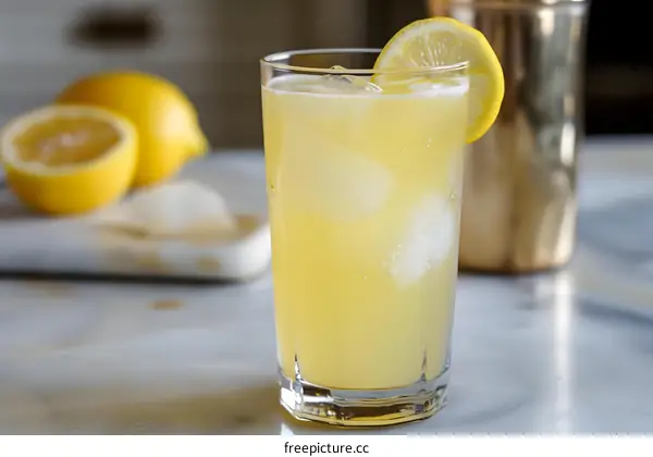 Glass of Lemon Soda with Ice and Lemon Slice