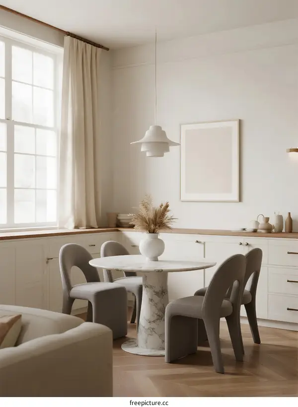 Minimalist dining area with round table and gray chairs in bright room
