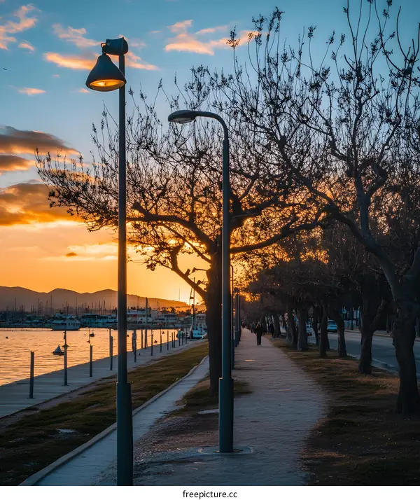 Sunset Walkway with Street Lights and Boats in the Background