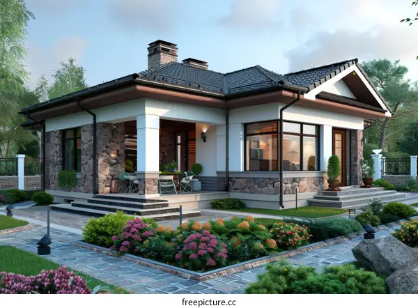 Modern house exterior with beautiful landscaping