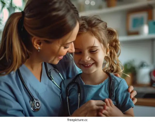 Little girl smiling with female doctor