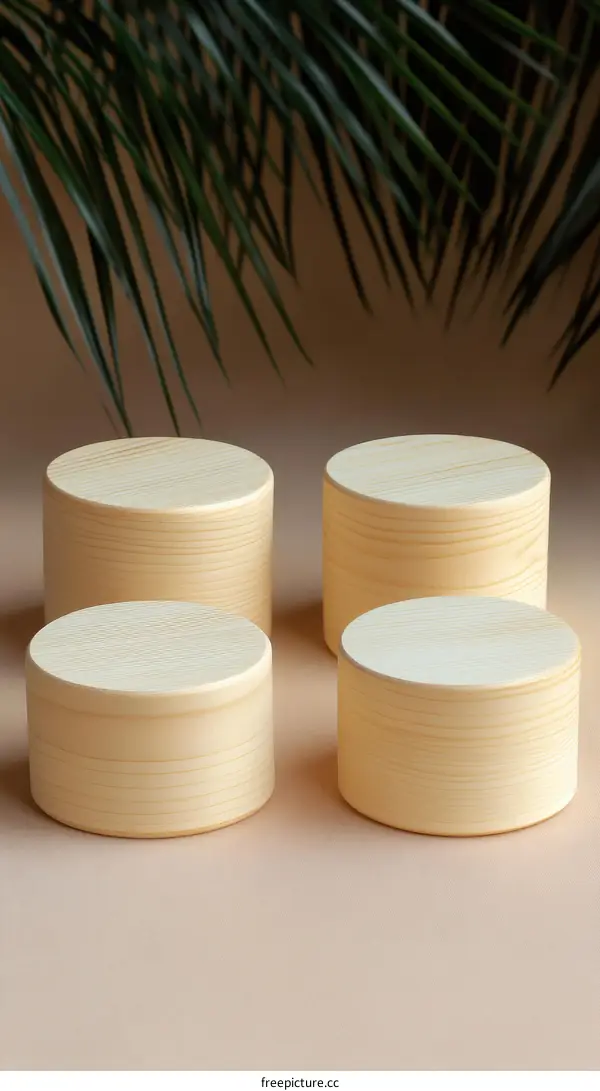 Four Wooden Display Cylinders on a Beige Background