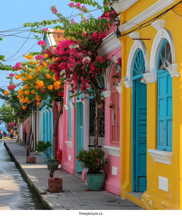Colorful buildings line a narrow street with a river