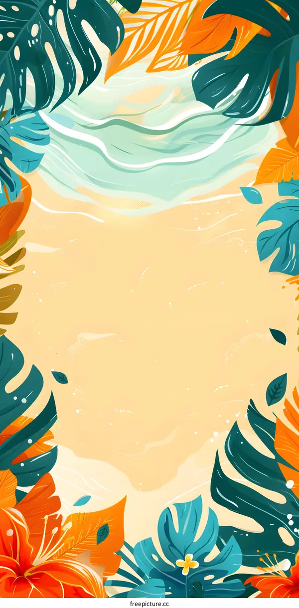 Tropical Leaves and Flowers on Beach Background