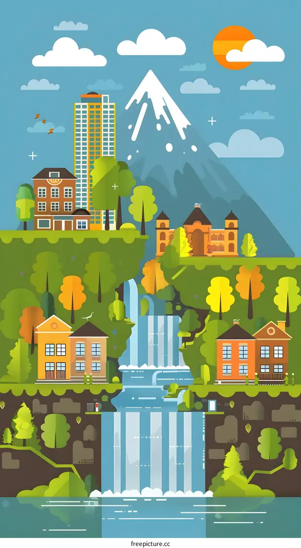 Flat Design Illustration of a City with a Waterfall and Mountain