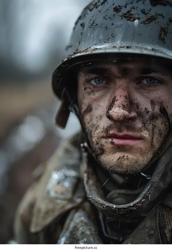 Portrait of a young soldier in a German military helmet during World War II