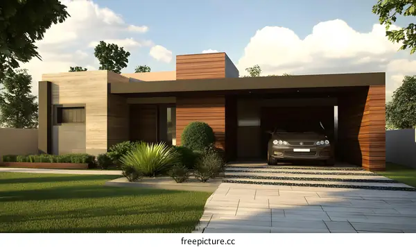 Modern House with Car in Garage and Green Lawn