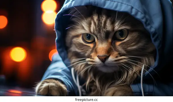 A cat wearing a blue hoodie