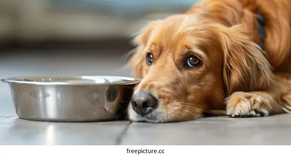 A golden retriever dog lying on the floor next to an empty bowl