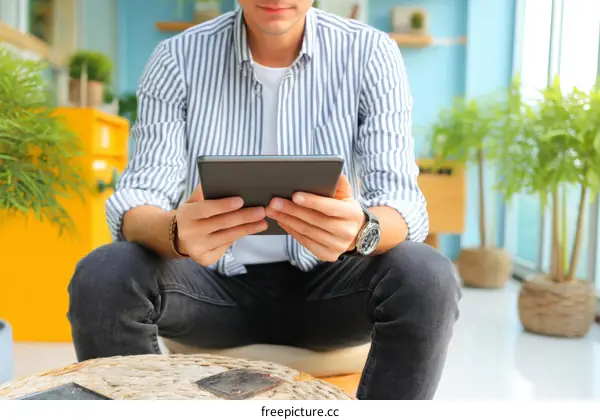 Casual Young Man Using Tablet in Cafe