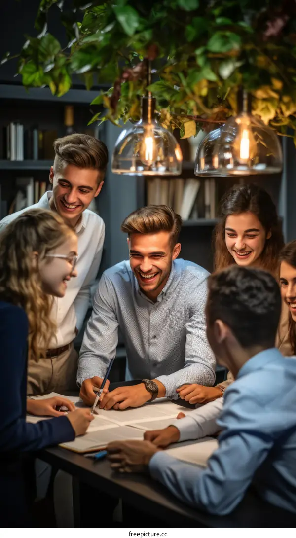 A group of young people are sitting around a table and laughing.