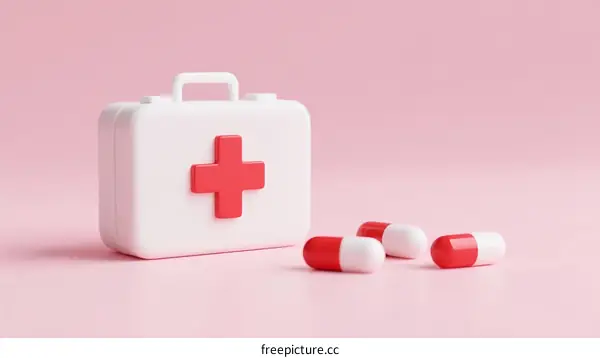 Small First Aid Kit with Red Cross Symbol and Pills