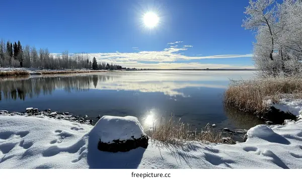 Winter Lake Scenery with Snow Covered Shore