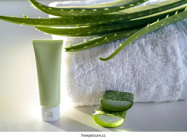 Aloe Vera Plant with Cream Tube on White Towel