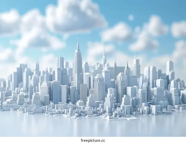 3D Render City Skyscrapers with Background Clouds