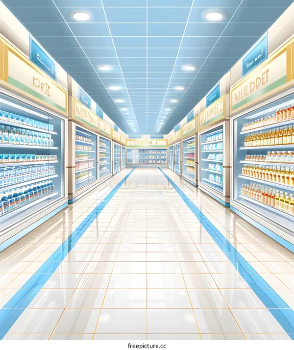 Illustration of a Supermarket Aisle with Shelves and Products