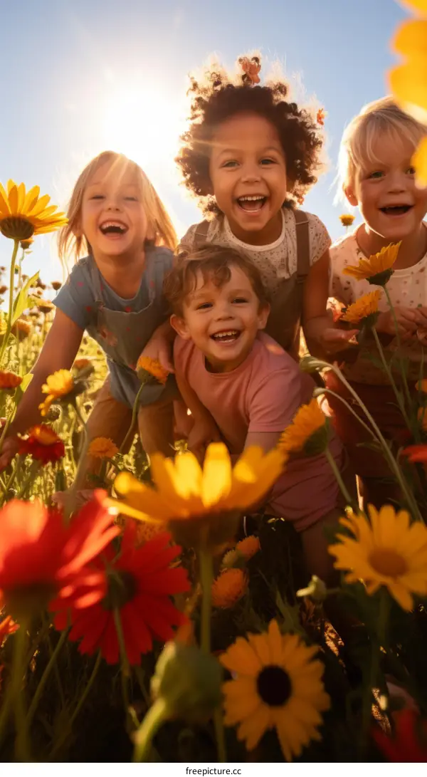 Four happy children playing in a field of flowers