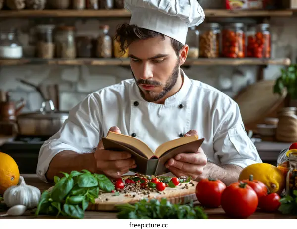 Young male chef reading a cookbook in the kitchen