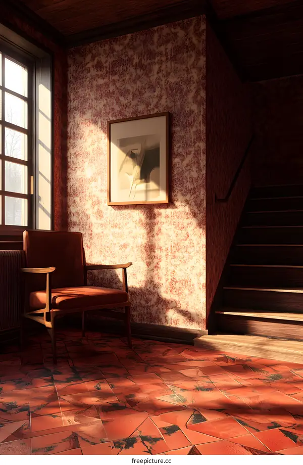 Vintage Interior Design with Red Tile Flooring and Red Floral Wallpaper