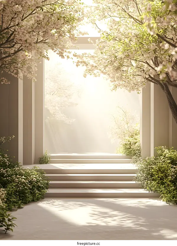 Minimalist White Architecture with Blooming Cherry Blossoms