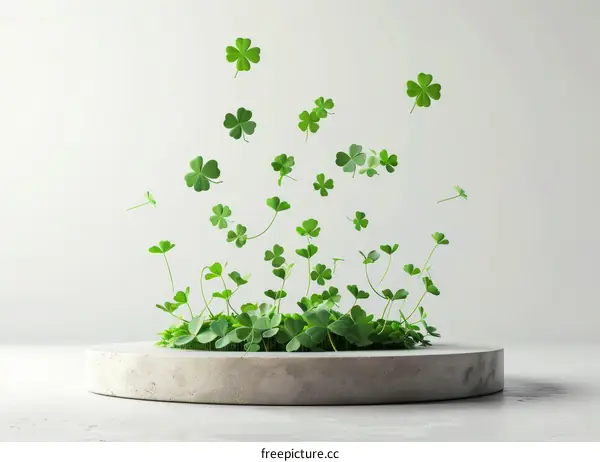 Green clovers floating up from a concrete platform against a white background