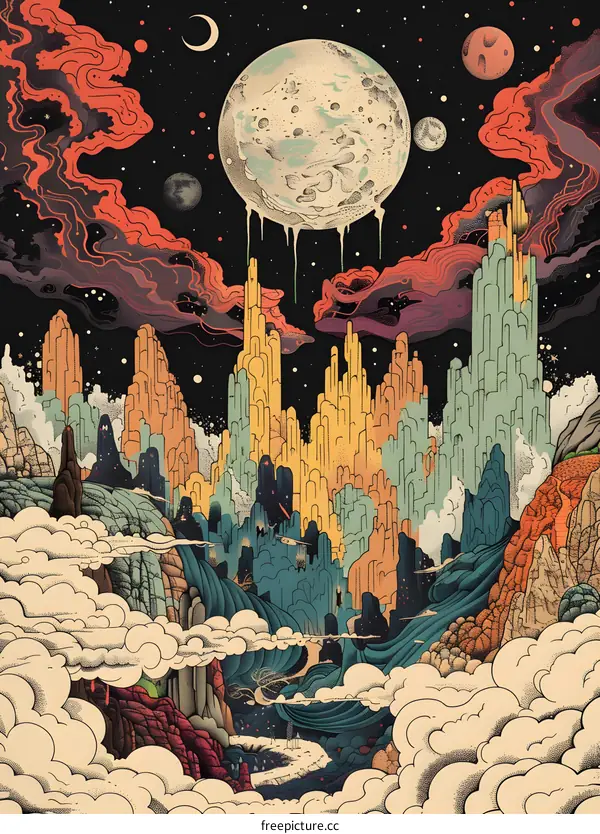 Abstract Art Illustration of a Mountain Landscape with a Large Moon