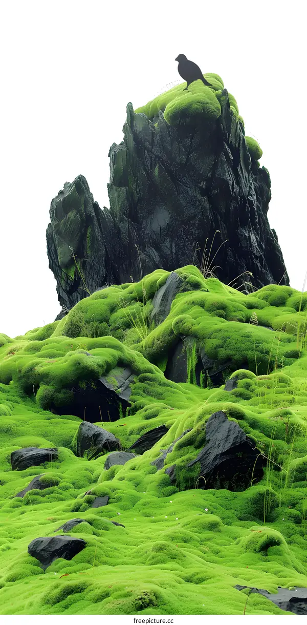 Green Moss Covering Rocks And A Bird Silhouette