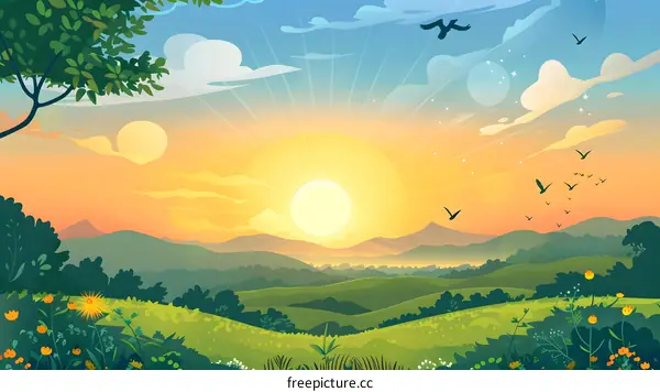 Sunrise Over Green Hills With Birds Flying In The Sky