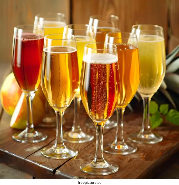 Assortment of Different Kinds of Apple Cider in Wine Glasses