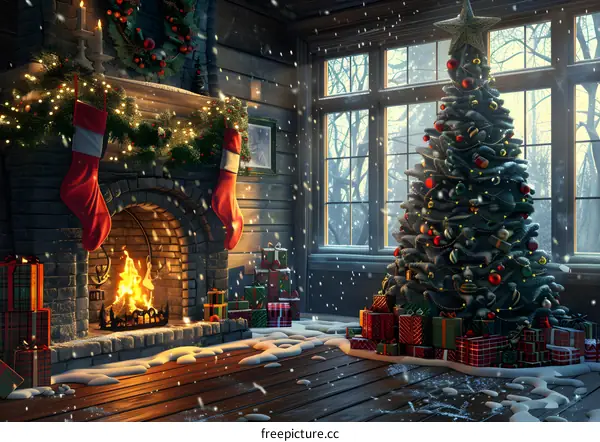 Christmas tree by the fireplace