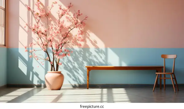 Japanese Room with Pink and Blue Decor and a Cherry Blossom Tree