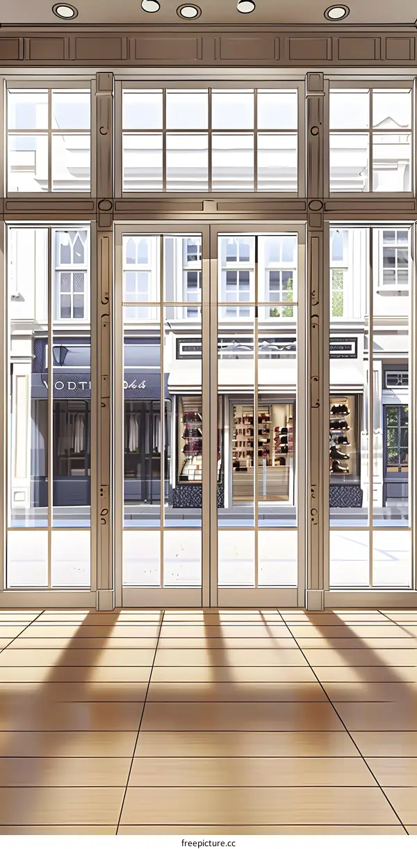 Large Windows Looking Out at Shops on a Sunny Day
