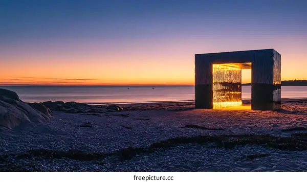 Modern Art Installation on the Beach at Sunset