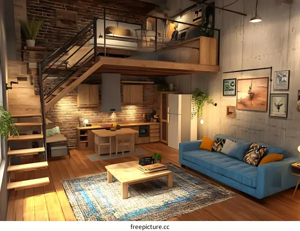 Modern Loft Apartment Interior Design with Wooden Stairs and Brick Wall