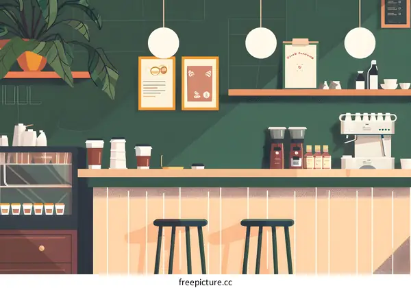 Green and Beige Coffee Shop Interior Illustration