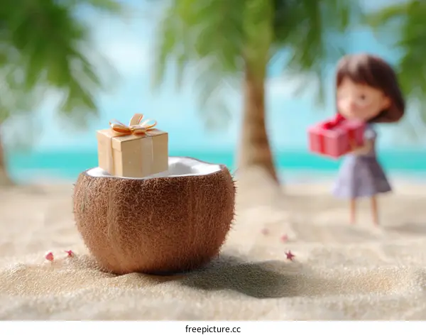 Gift on Coconut Shell on Tropical Beach