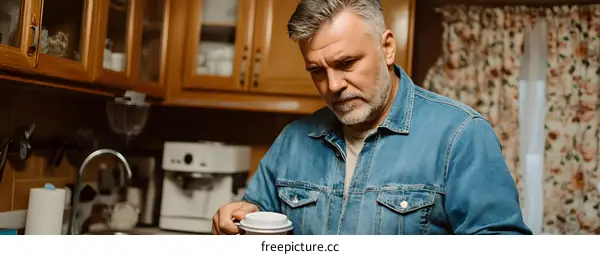 Man in Denim Jacket Holding Coffee Cup in Kitchen