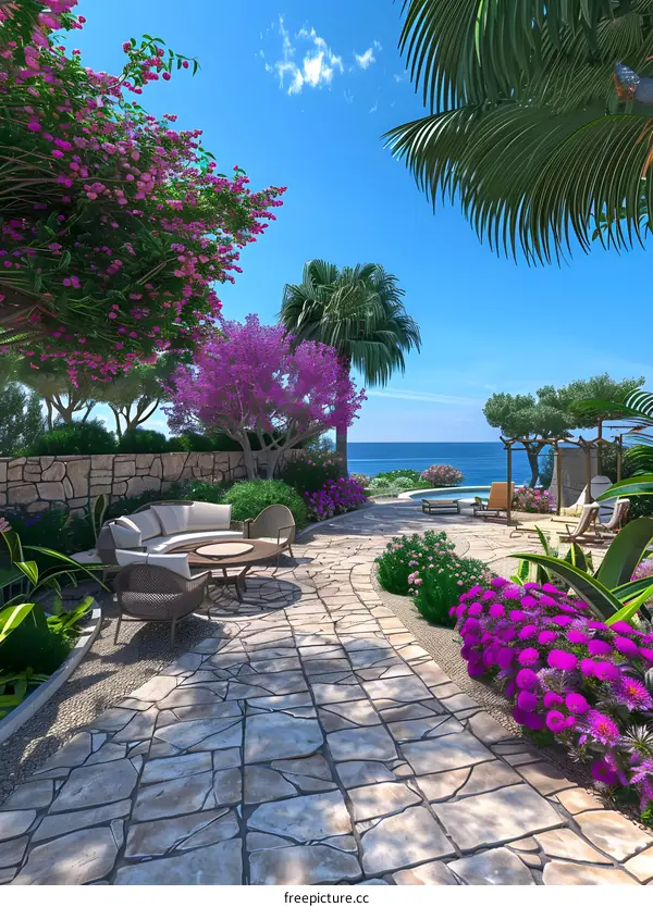 Tropical Garden Patio with Stone Path and Ocean View