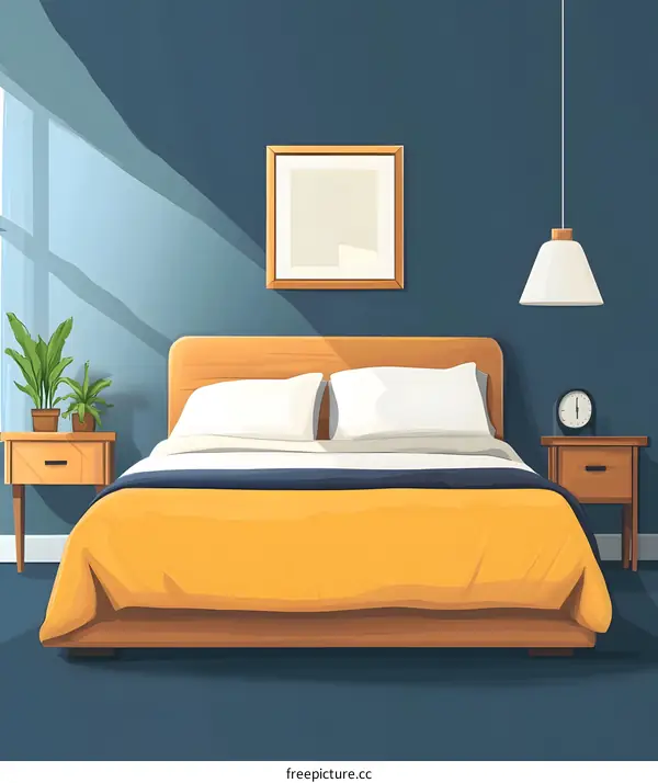 Modern Bedroom Interior Design with Yellow Blanket and Blue Walls