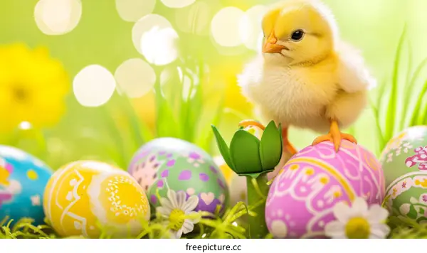 Cute Easter Chick with Painted Eggs