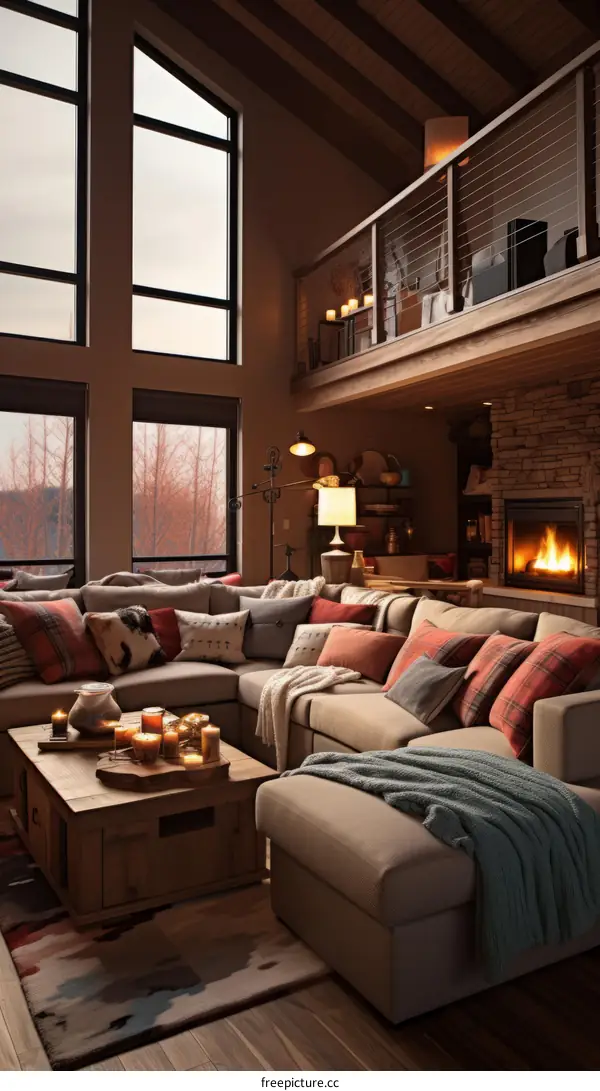 Cozy living room with fireplace and large windows