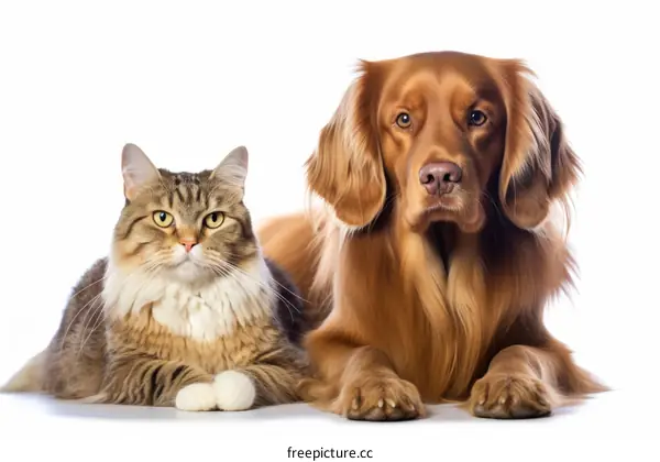 A ginger cat and a golden retriever dog lying side by side
