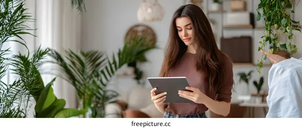 Woman Using Tablet in Modern Home Office With Plants
