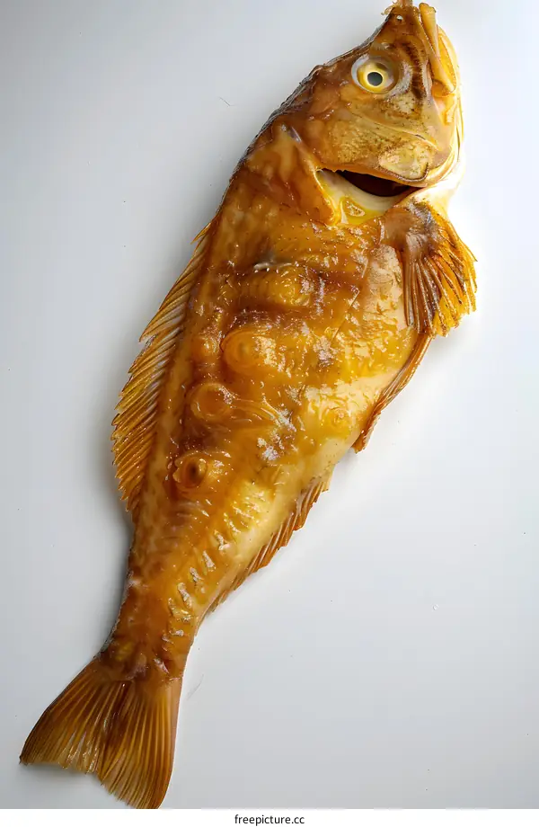 A large brown fish is lying on a white surface
