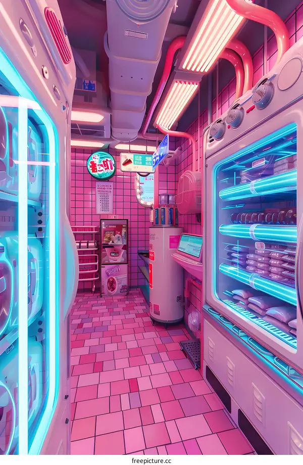 Pink Neon Retro Futuristic Convenience Store Interior
